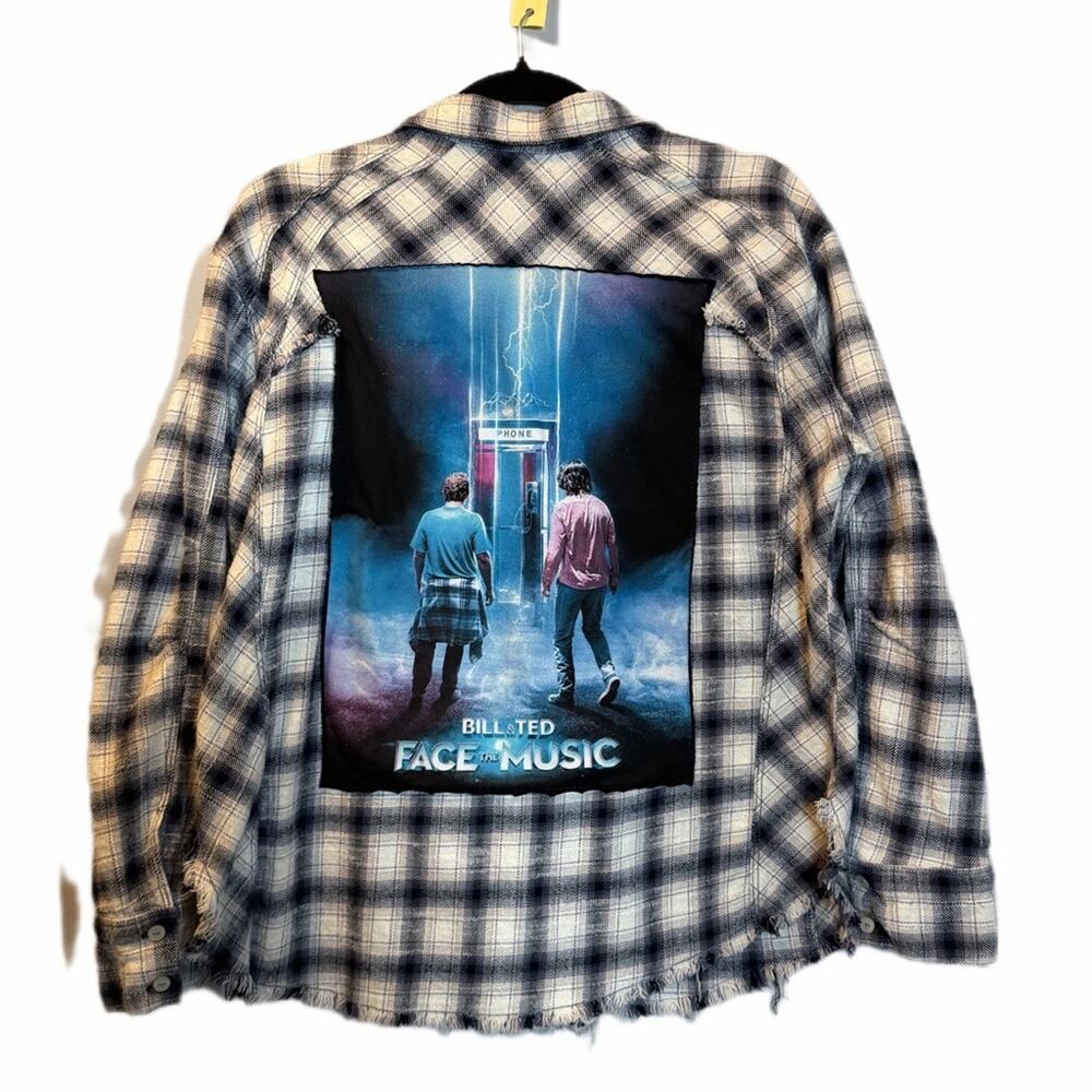 Bill and Ted face the music up cycle flannel blue and white raw hems